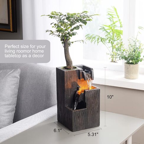 Wood Grain Indoor Fountain Yellow Warm Led Lighting Decorative Soothing Sound Tabletop Fountains with a Small Plastic Pot to Grow The Plant by Yourself(Automatic Watering)(22030) in Saudi Arabia
