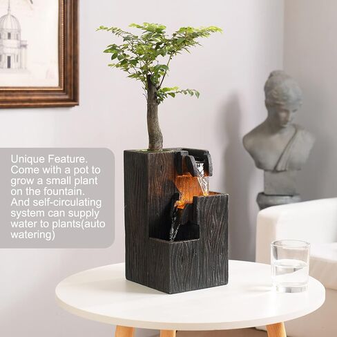 Wood Grain Indoor Fountain Yellow Warm Led Lighting Decorative Soothing Sound Tabletop Fountains with a Small Plastic Pot to Grow The Plant by Yourself(Automatic Watering)(22030) in Saudi Arabia