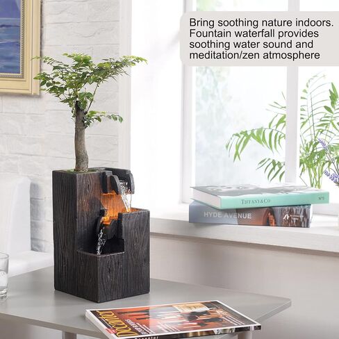 Wood Grain Indoor Fountain Yellow Warm Led Lighting Decorative Soothing Sound Tabletop Fountains with a Small Plastic Pot to Grow The Plant by Yourself(Automatic Watering)(22030) in Saudi Arabia
