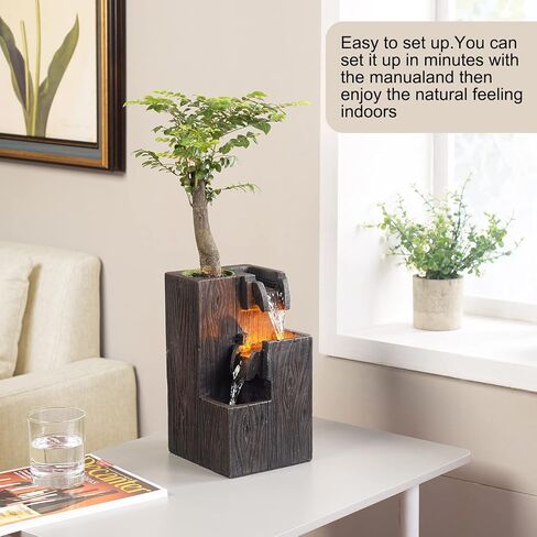 Wood Grain Indoor Fountain Yellow Warm Led Lighting Decorative Soothing Sound Tabletop Fountains with a Small Plastic Pot to Grow The Plant by Yourself(Automatic Watering)(22030) in Saudi Arabia