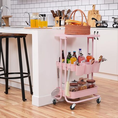 3 Tier Rolling Cart Table Top, Rolling Metal Organization Cart with 3 Cups & 3 Hooks, Multifunctional Storage Shelves with Wheels for Kitchen Living Room Office,Black in Kuwait