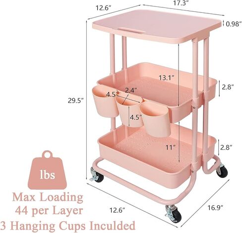 3 Tier Rolling Cart Table Top, Rolling Metal Organization Cart with 3 Cups & 3 Hooks, Multifunctional Storage Shelves with Wheels for Kitchen Living Room Office,Black in Kuwait