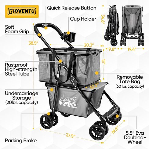 عربة تسوق قابلة للطي للبقالة (80 رطلاً)، عربة تسوق متعددة الوظائف قابلة للطي مع حقيبة حمل قابلة للإزالة وعجلات دوارة، سهلة الطي بيد واحدة، عربة تسوق شخصية محمولة للغسيل ومعدات التخييم in Kuwait