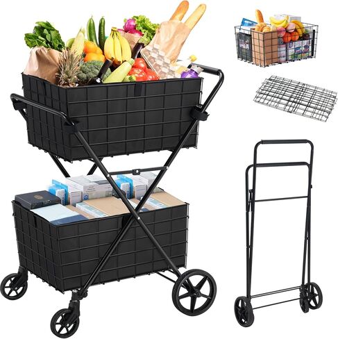 2-Tier Shopping Cart with Wheels Folding Grocery Cart with Removable Double Baskets 360° Rolling Laundry Cart Compact Pet Stroller Utility Cart for Groceries with Oxford Cloth Liner, Black in Saudi Arabia