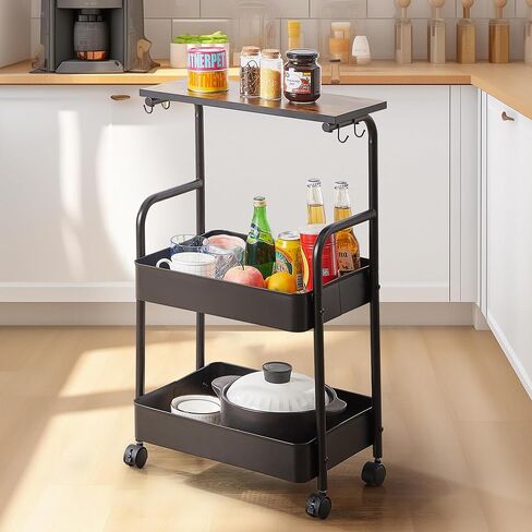 VECELO Metal Utility Storage Rolling Cart with Breathable Mesh Baskets,360°Lockable Wheels,4 Hooks,Top Board,3-Tier Mobile Organizer for Kitchen Bathroom Under Table Sofa Side,Woody Brown-Black in Saudi Arabia