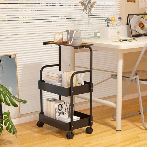 VECELO Metal Utility Storage Rolling Cart with Breathable Mesh Baskets,360°Lockable Wheels,4 Hooks,Top Board,3-Tier Mobile Organizer for Kitchen Bathroom Under Table Sofa Side,Woody Brown-Black in Saudi Arabia