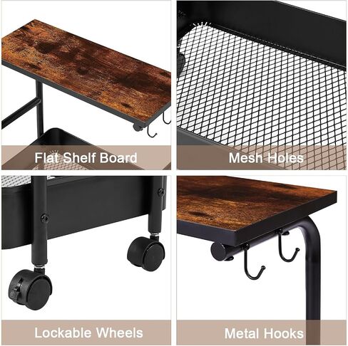VECELO Metal Utility Storage Rolling Cart with Breathable Mesh Baskets,360°Lockable Wheels,4 Hooks,Top Board,3-Tier Mobile Organizer for Kitchen Bathroom Under Table Sofa Side,Woody Brown-Black in Saudi Arabia