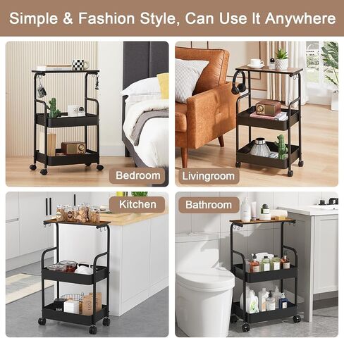 VECELO Metal Utility Storage Rolling Cart with Breathable Mesh Baskets,360°Lockable Wheels,4 Hooks,Top Board,3-Tier Mobile Organizer for Kitchen Bathroom Under Table Sofa Side,Woody Brown-Black in Saudi Arabia