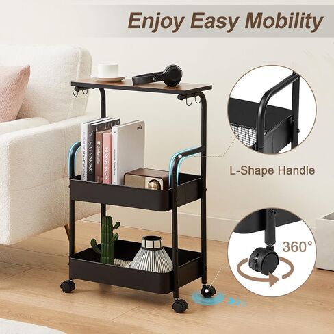 VECELO Metal Utility Storage Rolling Cart with Breathable Mesh Baskets,360°Lockable Wheels,4 Hooks,Top Board,3-Tier Mobile Organizer for Kitchen Bathroom Under Table Sofa Side,Woody Brown-Black in Saudi Arabia