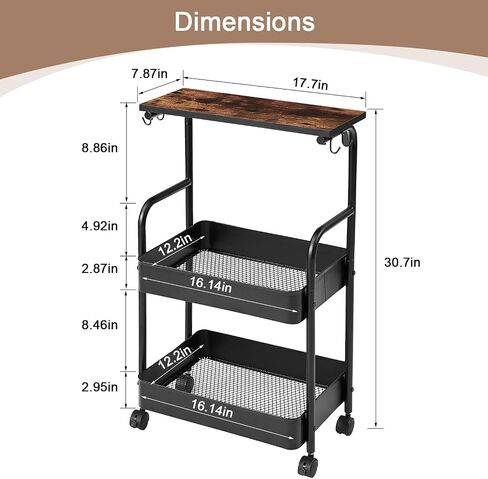 VECELO Metal Utility Storage Rolling Cart with Breathable Mesh Baskets,360°Lockable Wheels,4 Hooks,Top Board,3-Tier Mobile Organizer for Kitchen Bathroom Under Table Sofa Side,Woody Brown-Black in Saudi Arabia