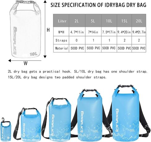 IDRYBAG Clear Dry Bag Waterproof Floating 2L/5L/10L/15L/20L, Lightweight Dry Sack Water Sports, Marine Waterproof Bag Roll Top for Kayaking, Boating, Canoeing, Swimming, Hiking, Camping, Rafting in Saudi Arabia