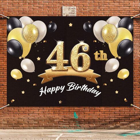 خلفية لافتة عيد الميلاد الـ 46 السعيدة - 46 لوازم زينة لحفلات أعياد الميلاد للرجال - أسود ذهبي 4 × 6 أقدام in Saudi Arabia