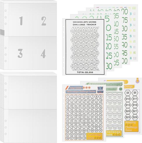 58 ورقة مقاس A5، 100 ظرفًا، تحدي توفير المال، 6 أغلفة مجلدة مقاس A5 تتضمن 4 أكمام لحفظ بطاقات الجيب، متتبع تحدي التوفير لتوفير 5,050، 10,000، 500 دولار in Kuwait