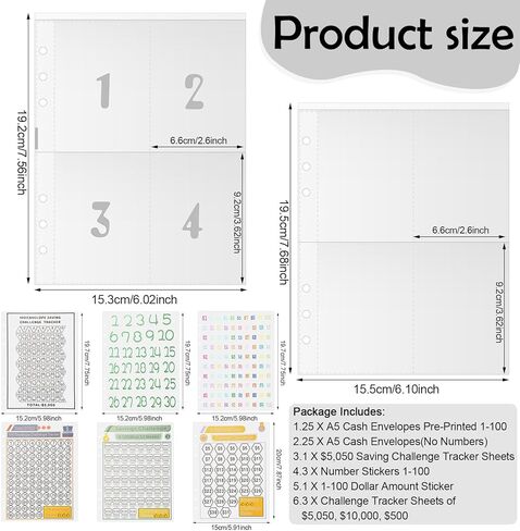 58 ورقة مقاس A5، 100 ظرفًا، تحدي توفير المال، 6 أغلفة مجلدة مقاس A5 تتضمن 4 أكمام لحفظ بطاقات الجيب، متتبع تحدي التوفير لتوفير 5,050، 10,000، 500 دولار in Kuwait