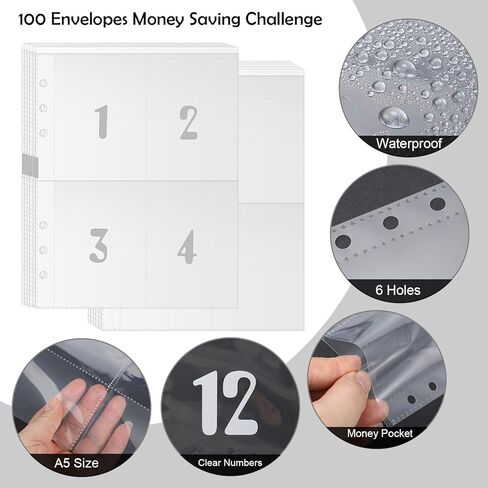 58 ورقة مقاس A5، 100 ظرفًا، تحدي توفير المال، 6 أغلفة مجلدة مقاس A5 تتضمن 4 أكمام لحفظ بطاقات الجيب، متتبع تحدي التوفير لتوفير 5,050، 10,000، 500 دولار in Kuwait