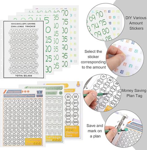 58 ورقة مقاس A5، 100 ظرفًا، تحدي توفير المال، 6 أغلفة مجلدة مقاس A5 تتضمن 4 أكمام لحفظ بطاقات الجيب، متتبع تحدي التوفير لتوفير 5,050، 10,000، 500 دولار in Kuwait