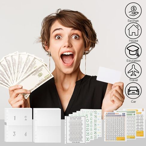 58 ورقة مقاس A5، 100 ظرفًا، تحدي توفير المال، 6 أغلفة مجلدة مقاس A5 تتضمن 4 أكمام لحفظ بطاقات الجيب، متتبع تحدي التوفير لتوفير 5,050، 10,000، 500 دولار in Kuwait