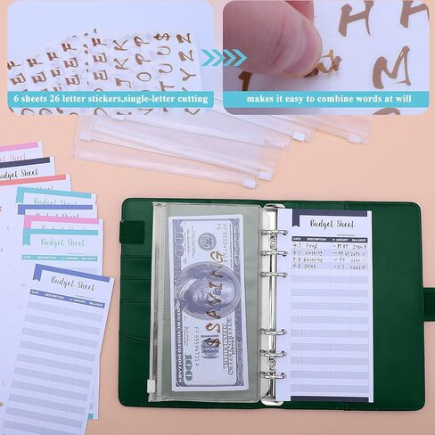مجلد ميزانية Antner A6 مع مظاريف نقدية، 8 قطع جيوب مجلدة، 12 قطعة من أوراق ميزانية النفقات، منظم مخطط توفير المال A6 ذو 6 حلقات مع ملصقات حروف للميزانية النقدية، أزرق نعناعي in Kuwait