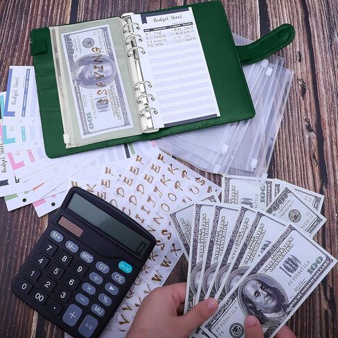 مجلد ميزانية Antner A6 مع مظاريف نقدية، 8 قطع جيوب مجلدة، 12 قطعة من أوراق ميزانية النفقات، منظم مخطط توفير المال A6 ذو 6 حلقات مع ملصقات حروف للميزانية النقدية، أزرق نعناعي in Kuwait