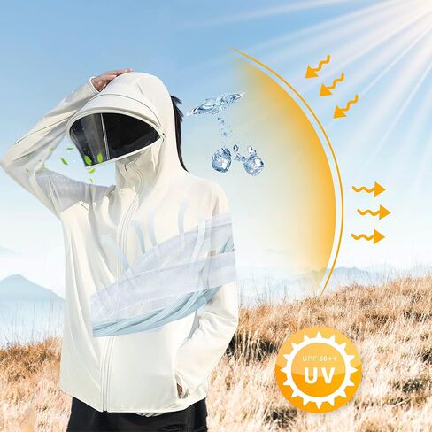 Women's UPF 50+ Sun Protection Zip Hoodie Ice-Like Jacket Sunscreen Breathable Sun Shirt Sports Movable Sunglass in Saudi Arabia
