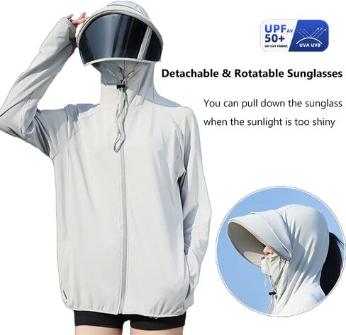 Women's UPF 50+ Sun Protection Zip Hoodie Ice-Like Jacket Sunscreen Breathable Sun Shirt Sports Movable Sunglass in Saudi Arabia