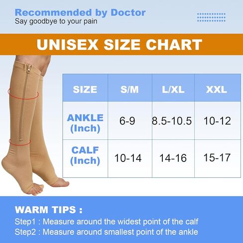 جوارب ضغط بسحاب للنساء والرجال، زوجان من جوارب ضغط عالية للركبة مفتوحة من الأمام بقطر 15-20 مم زئبقي مع سحاب in Kuwait