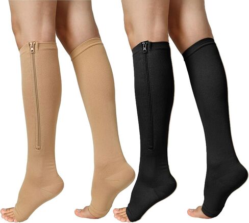 جوارب ضغط بسحاب للنساء والرجال، زوجان من جوارب ضغط عالية للركبة مفتوحة من الأمام بقطر 15-20 مم زئبقي مع سحاب in Kuwait