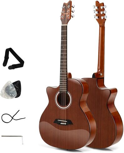 جيتار صوتي مقطوع مقاس 41 بوصة، جيتار كامل الحجم مكون من 6 أوتار مع ترس مغلق وظهر من خشب سبيلي، طقم جيتار للمبتدئين مع اللقطات والحزام، مناسب لليد اليمنى للطلاب والكبار، بني لامع in Kuwait