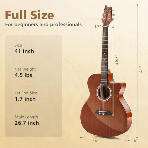 جيتار صوتي مقطوع مقاس 41 بوصة، جيتار كامل الحجم مكون من 6 أوتار مع ترس مغلق وظهر من خشب سبيلي، طقم جيتار للمبتدئين مع اللقطات والحزام، مناسب لليد اليمنى للطلاب والكبار، بني لامع in Kuwait