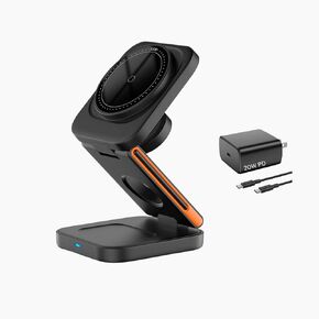 Foldable 3 in 1 Charging Station for Mobile Device 15W Fast MagSafe Magnetic Wireless with 20W PD Adapter for iPhone 12 to 15 Pro/ProMax/Plus/Mini AirPods 2/3/Pro iWatch Ultra/8/7/SE/6/5/4/3/2 B