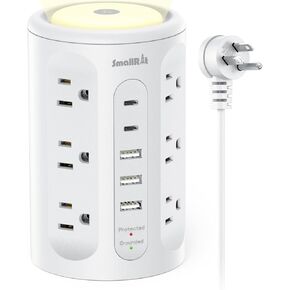 Surge Protector Power Strip Tower with 5 USB Ports and Night Light,10FT Extension Cord with 12 AC Multiple Outlets (White)