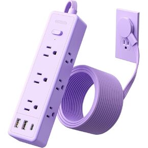 Purple Power Strip, NTONPOWER Surge Protector Power Strip 5FT Flat Extension Cord, 9 Outlets 3 USB Ports(1 USB C), Wall Mount, 1080J, Multiple Outlets for Home Office, Vanity Desk, Nightstand,Women