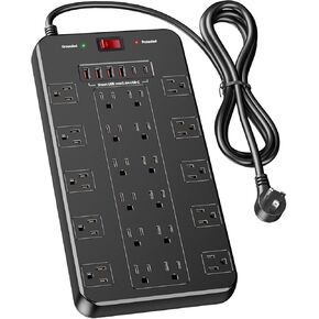 Surge Protector Power Strip with 22 Outlets 6 USB Ports(2 USB C), 1875W/15A, 2100 Joules, 6.5 FT Flat Plug Heavy Duty Extension Cord with Multiple Outlets for Home Office, Dorm, Gaming Room, Black