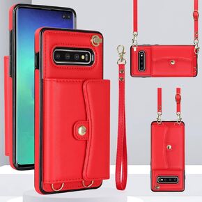 Asuwish Phone Case for Samsung Galaxy S10 Wallet Cover with RFID Blocking Credit Card Holder Wrist Crossbody Strap Lanyard Stand Leather Shoulder Cell Accessories S 10 Edge 10S GS10 X10 Women Men Red