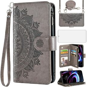 Asuwish Phone Case for Motorola Moto Edge 2021/MotoEdge 5G UW 2021 Wallet Cell Cover with Screen Protector Lanyard Wrist Strap Mandala Flower Zipper Card Holder Slot Stand XT2141-1 Women Girls Gray