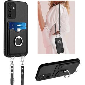 Crossbody Wallet Case for Galaxy A16 with Card Holder and Ring Stand Kickstand Wrist Strap Lanyard Handbag Purse Phone Case Cover for Samsung Galaxy A16. Black YKB