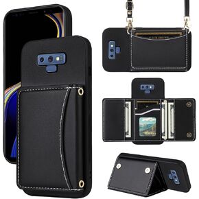 Wallet Case for Samsung Galaxy Note 9 with Crossbody Strap Premium PU Leather Card Holder Shockproof Heavy Duty Full Body Accessories Slim Cell Phone Cover for Note9 Not S9 Women Men Black