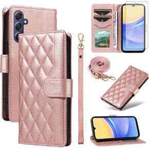 Asuwish Phone Case for Samsung Galaxy A15 5G/4G Wallet Cover with Tempered Glass Screen Protector and Wrist Strap Lanyard Card Holder Slot Stand Flip Folio Cell Purse A 15 G5 15A Women Men Rose Gold