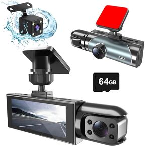 3 Channel Dash Cam Front and Rear Inside for Cars, 4K Full UHD Car Camera with 32GB Card, IR Night Vision, 3.18" IPS Screen, 176° Wide Angle, 24H Parking Monitor, G-Sensor, Loop Recording