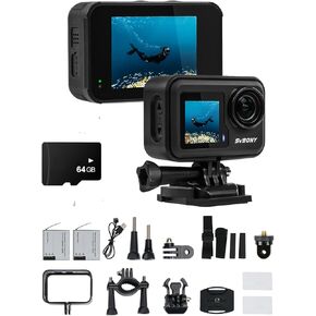 SVBONY ACT20 Action Camera with 64G TF Card, Waterproof Action Camera with Dual Screens, 4K 60FPS 6-Axis EIS Anti-Shake, IPX8 Waterproof 15M Underwater Camera, for Selfie, Vlog