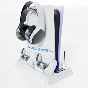 PS5 Cooling Station, PS5/ PS5 Pro/ PS5 Slim Stand, Controller Charging Station for PlayStation 5 Console, 3 Levels Cooling Fan, 3 USB Hub, Headset Holder for PS5 Pro Disc Drive