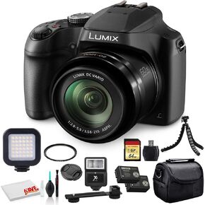 Panasonic Lumix DC-FZ80D Digital Camera (DC-FZ80DK) - Bundle - with 64GB Memory Card + LED Video Light + DMW-BMB9 Battery + Digital Flash + Soft Bag + 12 Inch Flexible Tripod + Cleaning Set + More