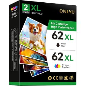 ONLYU Remanufactured for HP Ink 62 XL Cartridge Replacement for HP 62XL Ink Cartridge Combo Pack Works with Envy 7640 5660 5540 5640 7645 OfficeJet 5740 5745 250 200 Printer (1 Black, 1 Tri-Color)
