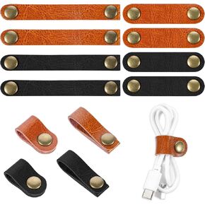 12Pcs Leather Cord Organizer Leather Cable Straps 2-Sizes Leather Cable Ties Portable PU Leather Cord Holder Earphone Cables Ties Snap On Cord Holders for Travel Women Men(Black Light Brown)