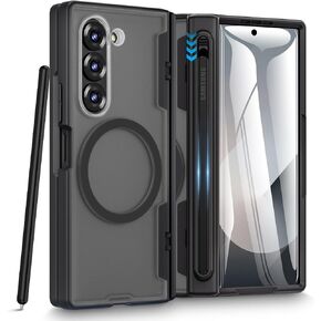 Caka for Samsung Galaxy Z Fold 6 Case [Thinner S Pen Holder Slot] [Magnetic Charging] [Hinge Protection] [Built-in Screen Protector] Translucent Hard Shockproof Magnet Phone Cover for Fold6 - Black