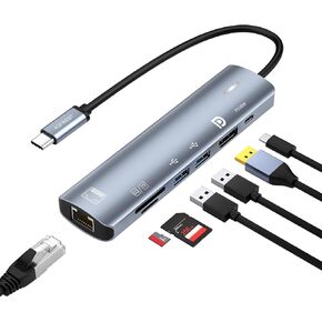USB C Hub 7 in 1 Ethernet Multiport Adapter,Compatible for MacBook Pro Air Chromebook Dell XPS HP and Type C Devices (Ethernet 100W PD 8K@60Hz DP USB 3.0)