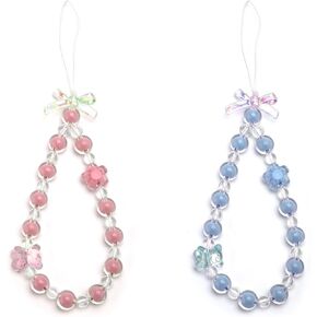 2pcs Beaded Phone Bracelet Strap, Bowknot Flower Camera Phone Charm Pearl Wrist Strap Beaded Phone Bracelet Lanyard Accessories for Women Phone Keychain Charm (Pink, Blue)