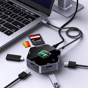 USB C Hub 8 in 1 with 4K HDMI, PD 100W, Dual USB-A 3.1, USB-C 3.1, SD/TF Card Reader, LCD Screen, Touch Control, Built-in Cooling Fan, Tempered Glass