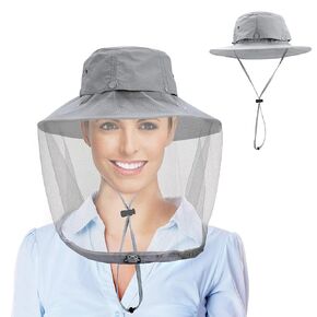 Mosquito Head Net Hat with Hidden Net Mesh for Outdoor Lover Hiking Fishing Beekeeping Gardening Men or Women (Grey)
