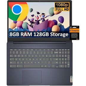 Lenovo Chromebook 15 (15.6" FHD, 8GB RAM, 128GB Storage (64GB eMMC + 64GB SD Card), 2TB Cloud Storage, Intel Celeron), Home & Student Laptop, Webcam, 10-Hr Long Battery Life, Wi-Fi 6, Chrome OS